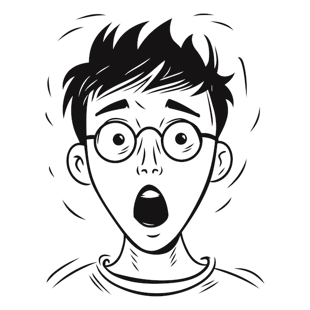 Vector niño sorprendido con gafas ilustración vectorial en blanco y negro