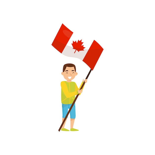 Niño sosteniendo la bandera nacional de Canadá elemento de diseño para el vector de la bandera del Día de la Independencia Ilustración aislada sobre un fondo blanco