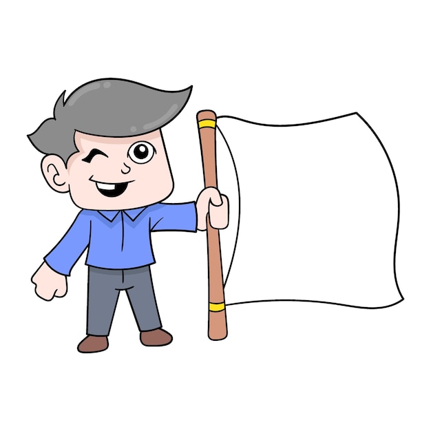 Niño sosteniendo bandera texto en blanco plantilla doodle icono imagen kawaii