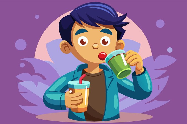 Vector un niño sosteniendo una bebida en una mano y bebiendo de una taza con una pajita en la otra ilustra el concepto de segmentación de clientes en la publicidad digital