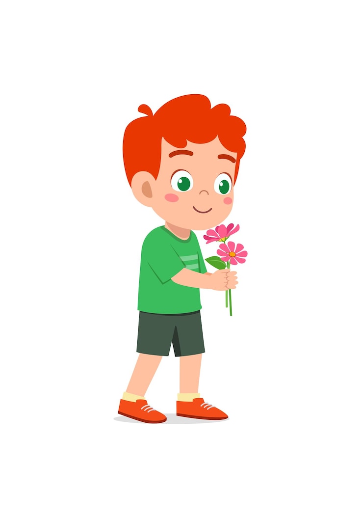 Vector niño sosteniendo una flor y olfateando el aroma