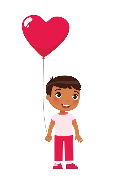 Niño sosteniendo un globo en forma de corazón. Celebración del día de San Valentín. 14 de febrero feriado