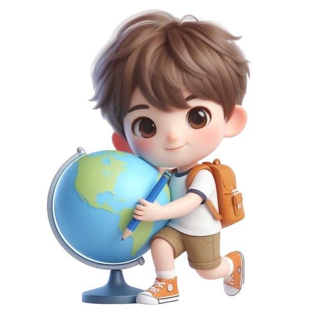 Niño sosteniendo un globo terráqueo dibujado para el Día de la Tierra Ilustración de renderización 3D