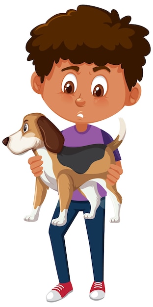 Vector niño sosteniendo lindo personaje de dibujos animados de animales aislado sobre fondo blanco.