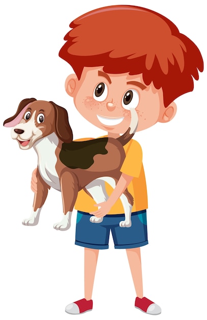 Vector niño sosteniendo lindo personaje de dibujos animados de animales aislado sobre fondo blanco.