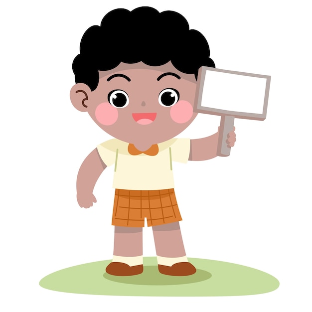 Un niño sosteniendo una pancarta de madera para vector de texto con una escuela de dibujos animados de ilustración de pancarta vacía
