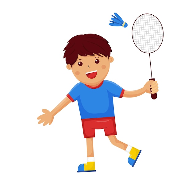 Un niño sosteniendo una raqueta de bádminton mientras sonríe ilustración vectorial