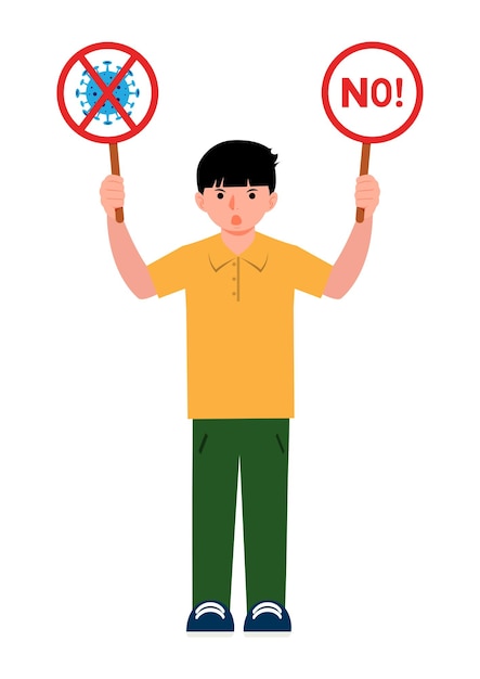 Niño sosteniendo señales de stop con stop covid en vector de fondo blanco