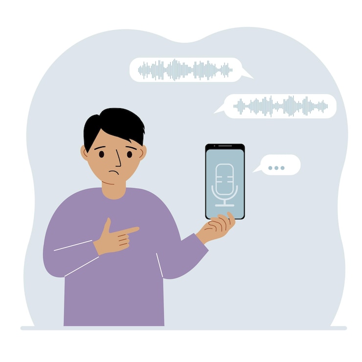 Vector niño sosteniendo un teléfono inteligente usando la aplicación de asistente de voz concepto de reconocimiento de voz aplicaciones de altavoces inteligentes controlador de oficina llamadas telefónicas manos libres software de comando de voz