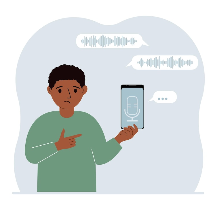 Vector niño sosteniendo un teléfono inteligente usando la aplicación de asistente de voz concepto de reconocimiento de voz aplicaciones de altavoces inteligentes controlador de oficina llamadas telefónicas manos libres software de comando de voz