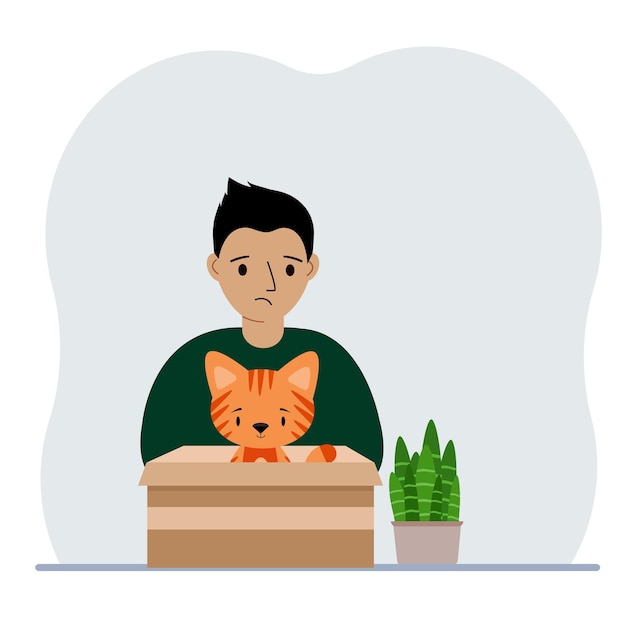 Vector un niño sostiene una caja de cartón con un hermoso gato jengibre el concepto de ayuda de rescate y cuidado de mascotas