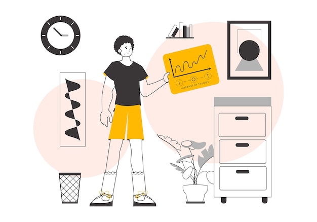 El niño sostiene el logotipo de Internet de las cosas en sus manos Estilo lineal de moda Ilustración vectorial