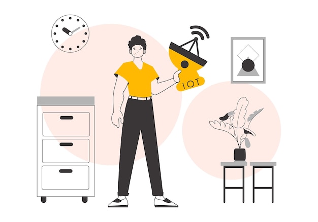 El niño sostiene el logotipo de IOT en sus manos Estilo lineal Ilustración vectorial