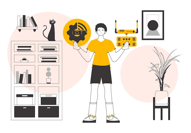 El niño sostiene el logotipo de IOT en sus manos Estilo lineal de moda Ilustración vectorial