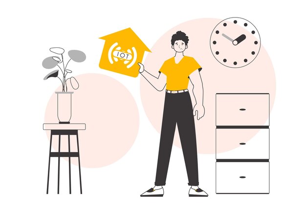 El niño sostiene el logotipo de IOT en sus manos Vector de estilo lineal de tendencia