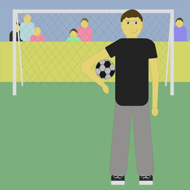 El niño sostiene la pelota en sus manos Un joven atleta en el fondo de un campo de fútbol Ilustración vectorial de un jugador de fútbol en estilo plano simple de dibujos animados