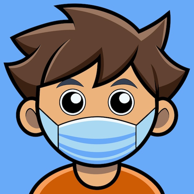 Niño sostiene y usa la máscara Icono vectorial Ilustración Corona Mascota Cartoon Personaje Personas Icono Concepto Estilo de dibujos animados plano aislado blanco adecuado para página de aterrizaje web Banner Flyer Sticker Card