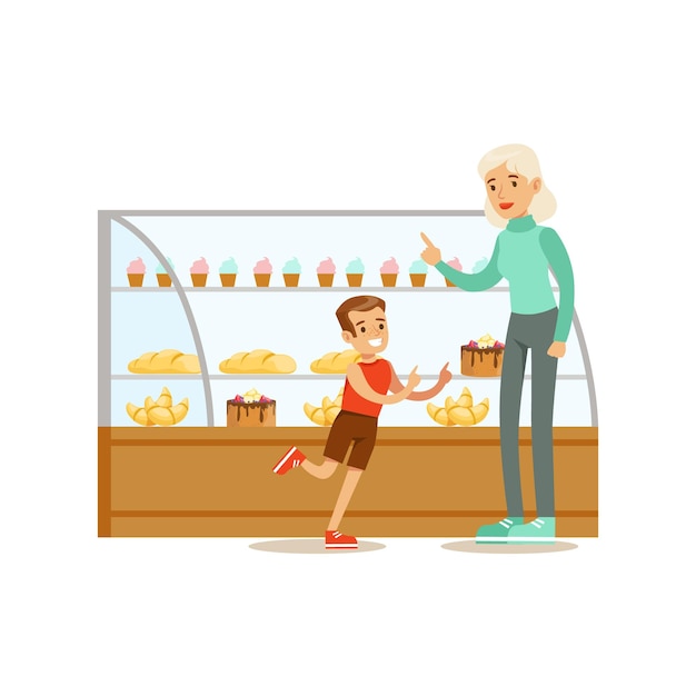 Niño y su abuela eligiendo pastelería para comprar en la ilustración de vector de surtido de panadería