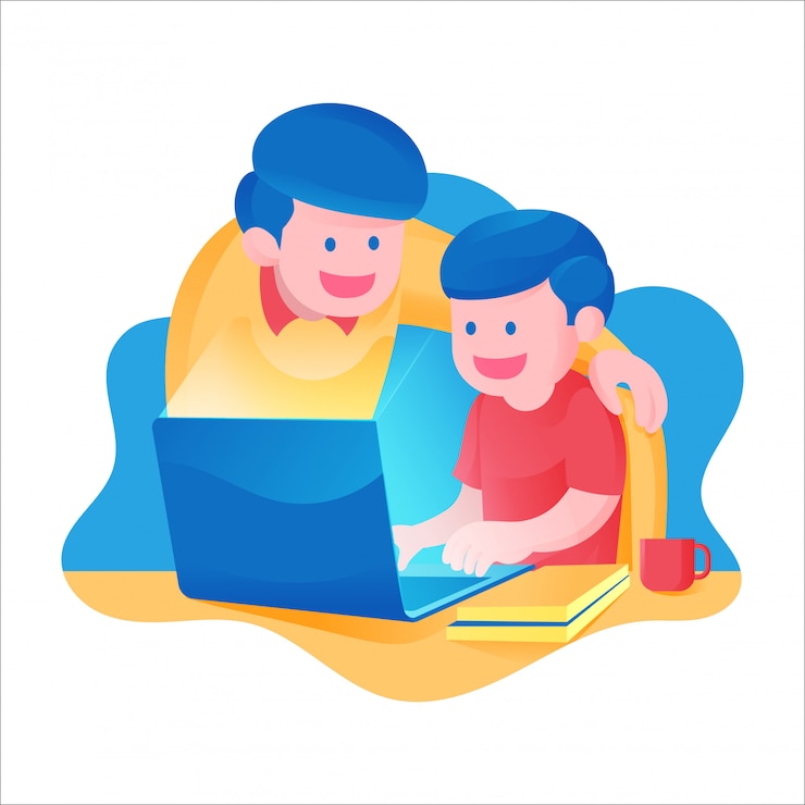 Vector un niño con su padre que aprende en línea en la escuela desde la actividad en el hogar, estudio frente a la computadora portátil y libros, ilustración colorida del tema