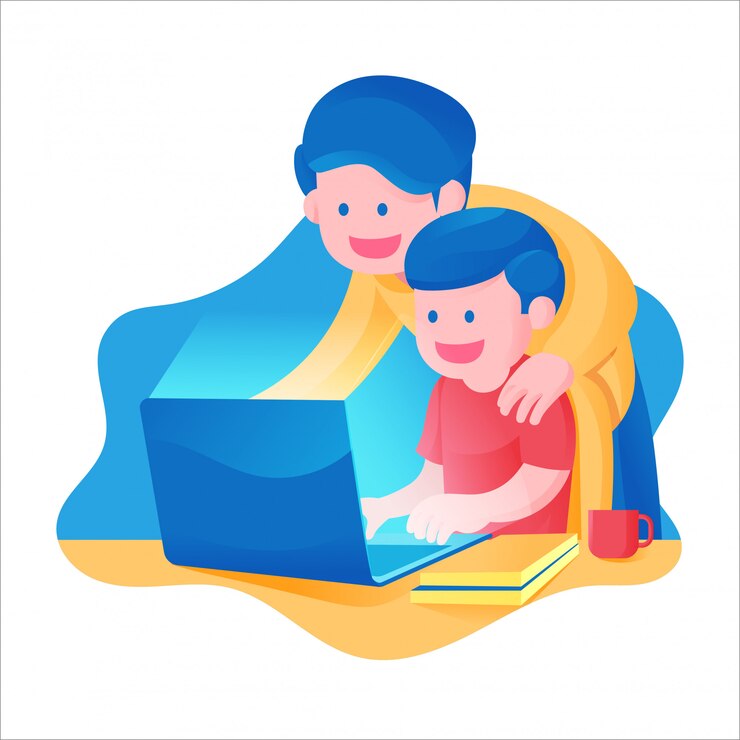 Vector un niño con su padre que aprende en línea en la escuela desde la actividad en el hogar, estudio frente a la computadora portátil y libros, ilustración colorida del tema