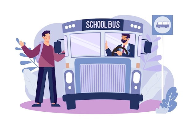 Vector niño subiendo al autobús escolar concepto de ilustración sobre fondo blanco
