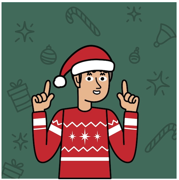 niño con un suéter de Navidad apuntando sus manos hacia arriba