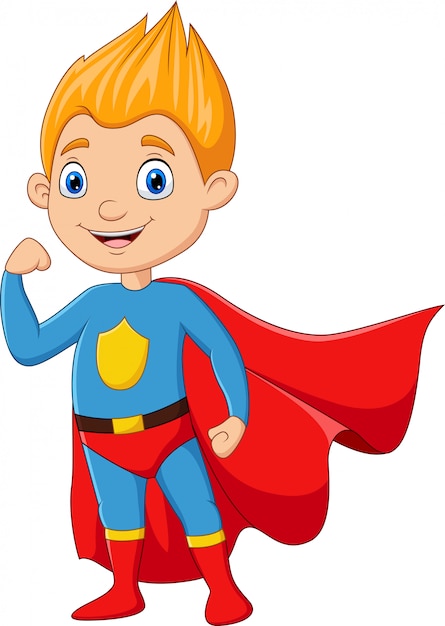 Niño superhéroe de dibujos animados aislado sobre fondo blanco