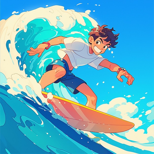 Vector un niño de sydney surfeando al atardecer al estilo de los dibujos animados