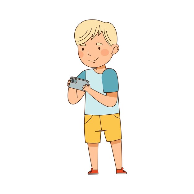 Niño con teléfono inteligente jugando y viendo ilustraciones vectoriales de video