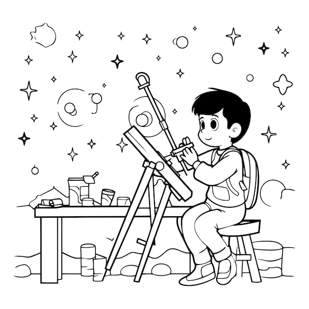 Niño con un telescopio en colores blanco y negro