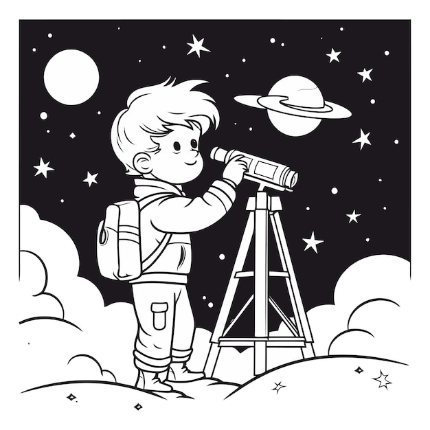 Niño con telescopio y planeta en blanco y negro