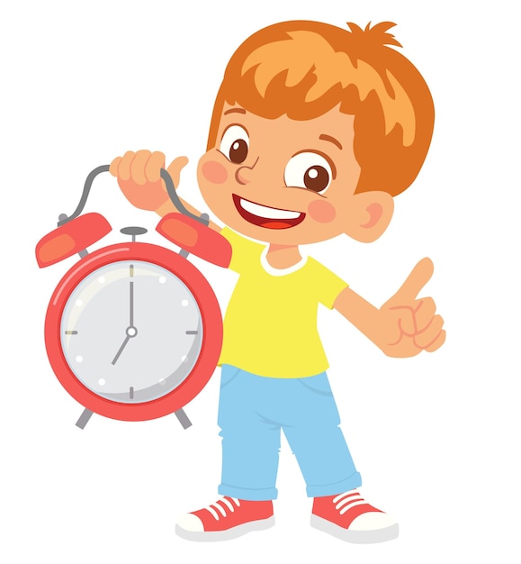 Niño, tenencia, despertador, vector clipart