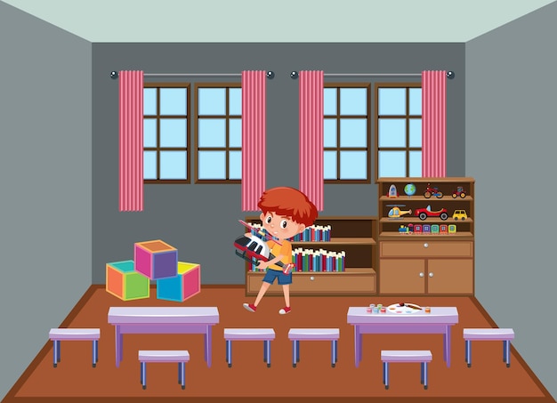 un, niño, tenencia, helicóptero, juguete, en, aula