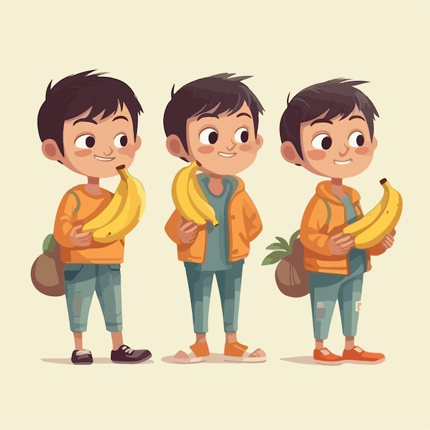 niño, tenencia, un, plátano, vector, ilustración, niño joven, multipose