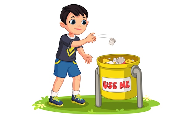 Niño tirando basura en la ilustración de cubo de basura