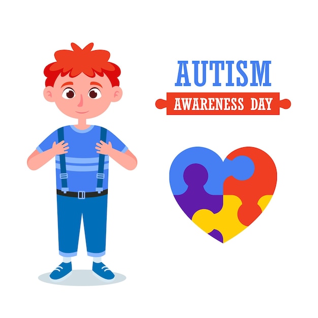 Vector un niño con tirantes en la camisa y un corazón con las palabras día de concientización sobre el autismo.