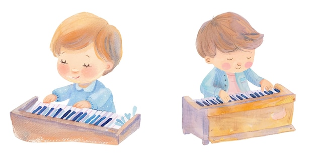 niño tocando el piano acuarela ilustración vectorial 32