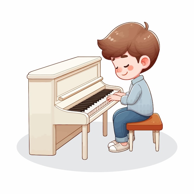 Vector un niño tocando el piano con una imagen de dibujos animados de un niño tocado el piano