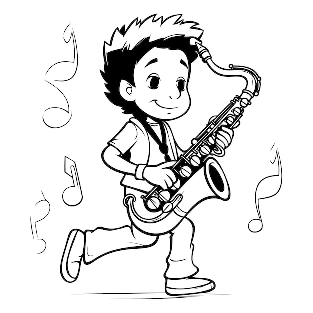 Vector niño tocando el saxofón ilustración de dibujos animados vectoriales en blanco y negro