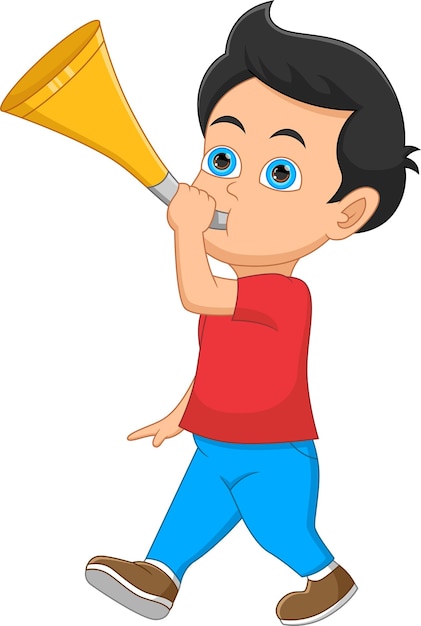 niño tocando la trompeta sobre fondo blanco