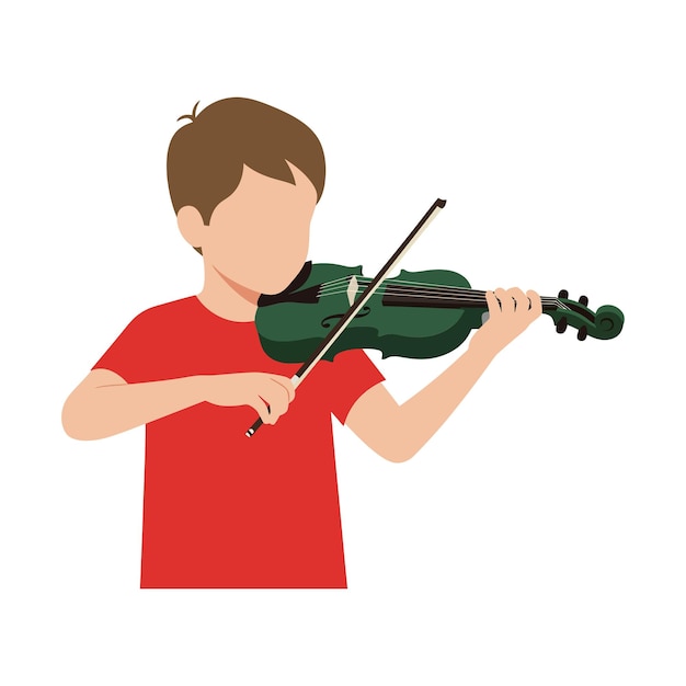 Niño tocando el violín con camisa roja ilustración vectorial de estilo de diseño plano