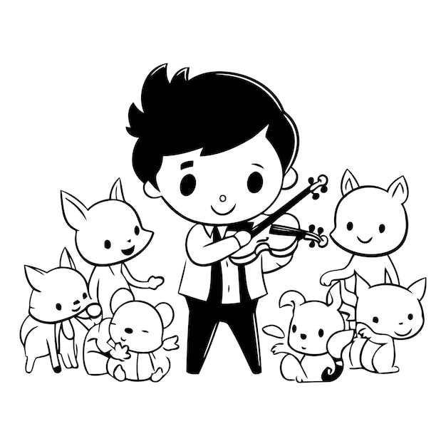 Vector niño tocando el violín con un grupo de animales