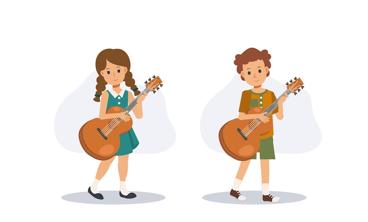 Vector niño, tocar la guitarra, música, estudiar, hobby, aprender, music., plano, vector, 2d, caricatura, personaje, illustration.