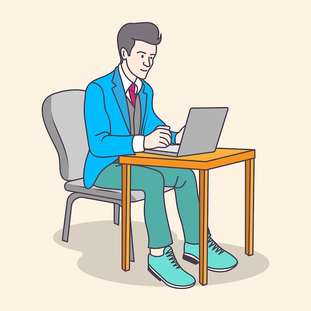 Niño trabajando en una silla y una mesa con una computadora portátil usando mini arte de línea plana para colorear desde casa