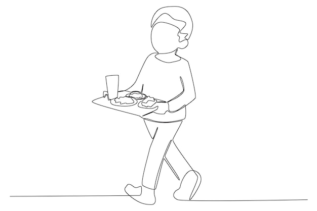 Un niño trae comida en una bandeja a su mesa Almuerzo en la escuela dibujo de una línea