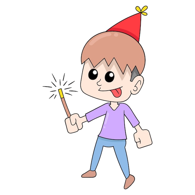 Niño trae fuegos artificiales celebrando la fiesta de año nuevo doodle icono imagen kawaii