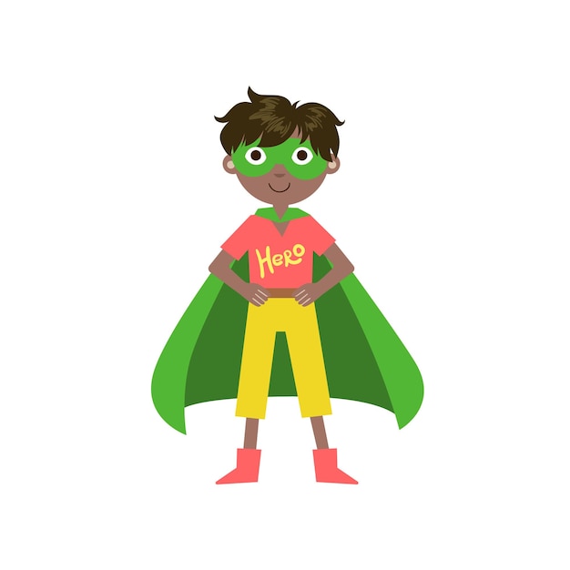 Vector niño en traje de superhéroe con capa verde