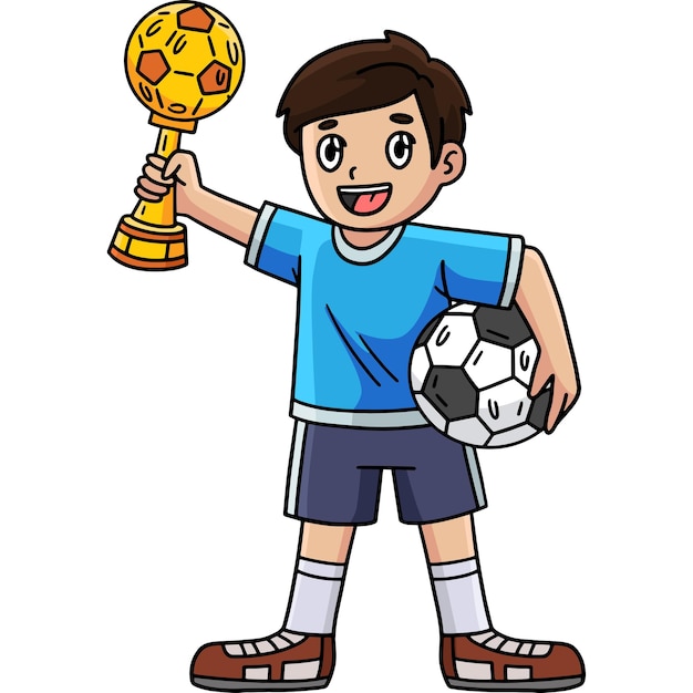 Vector niño con un trofeo de fútbol clipart de dibujos animados de colores