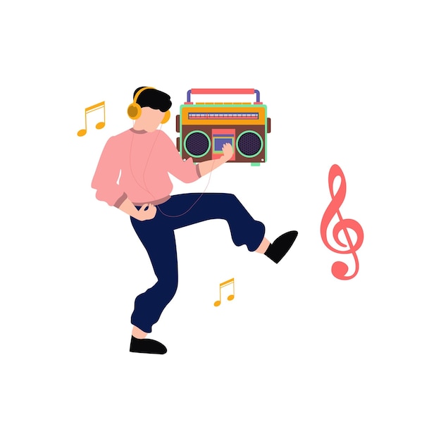 Vector niño usando audífonos escuchando música