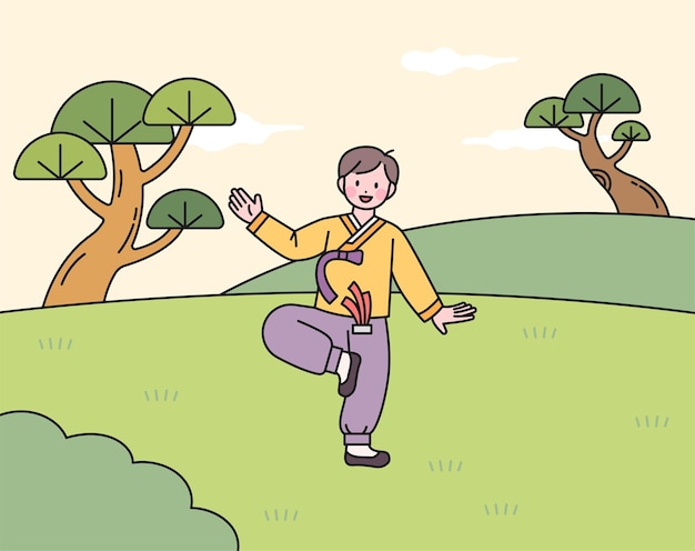 Un niño usando hanbok y jugando Jegichagi, un juego tradicional coreano